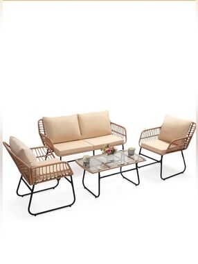 Beige Rattan 4-Piece Patio Seating Set with Cushions